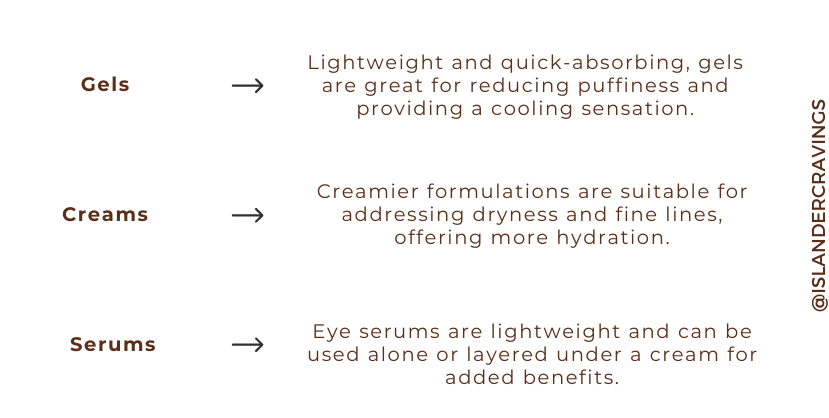 image explaining the reader how to build a skincare routine with the different types of eye creams they can use depending on the concern they want to treat, like fine lines, crows feet, puffiness, darkness.