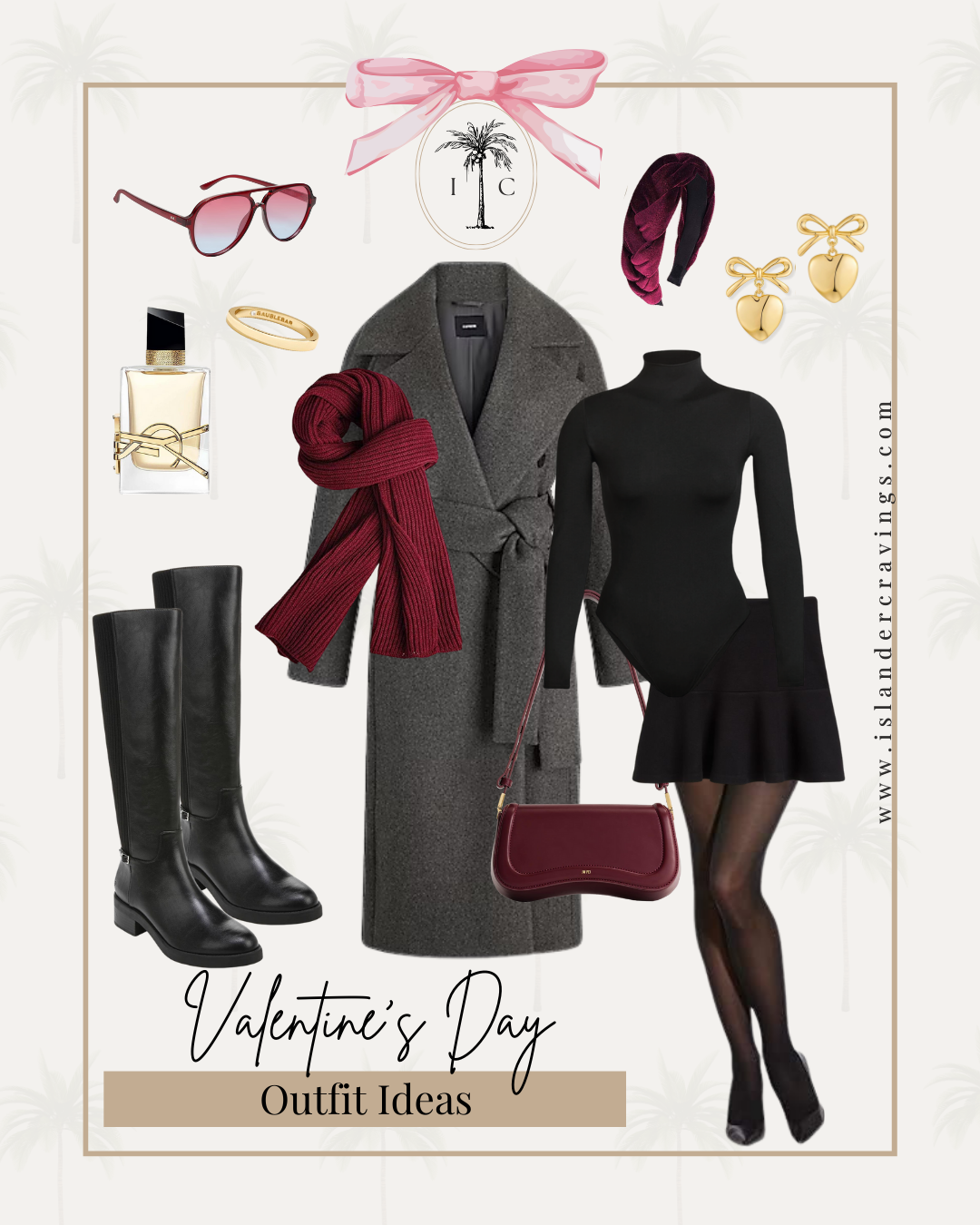 image contains a Valentine's Day outfit idea. It shows earrings, scarf, sunglasses, headband, turtleneck top, skirt, tights, boots, perfume