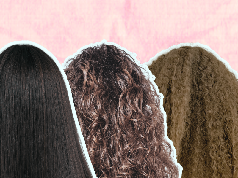 Images shows different hair types, straight hair, curly hair, wavy hair, coily hair